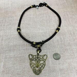 Gold Leopard On Black Gold Thread Wrapped Necklace‎